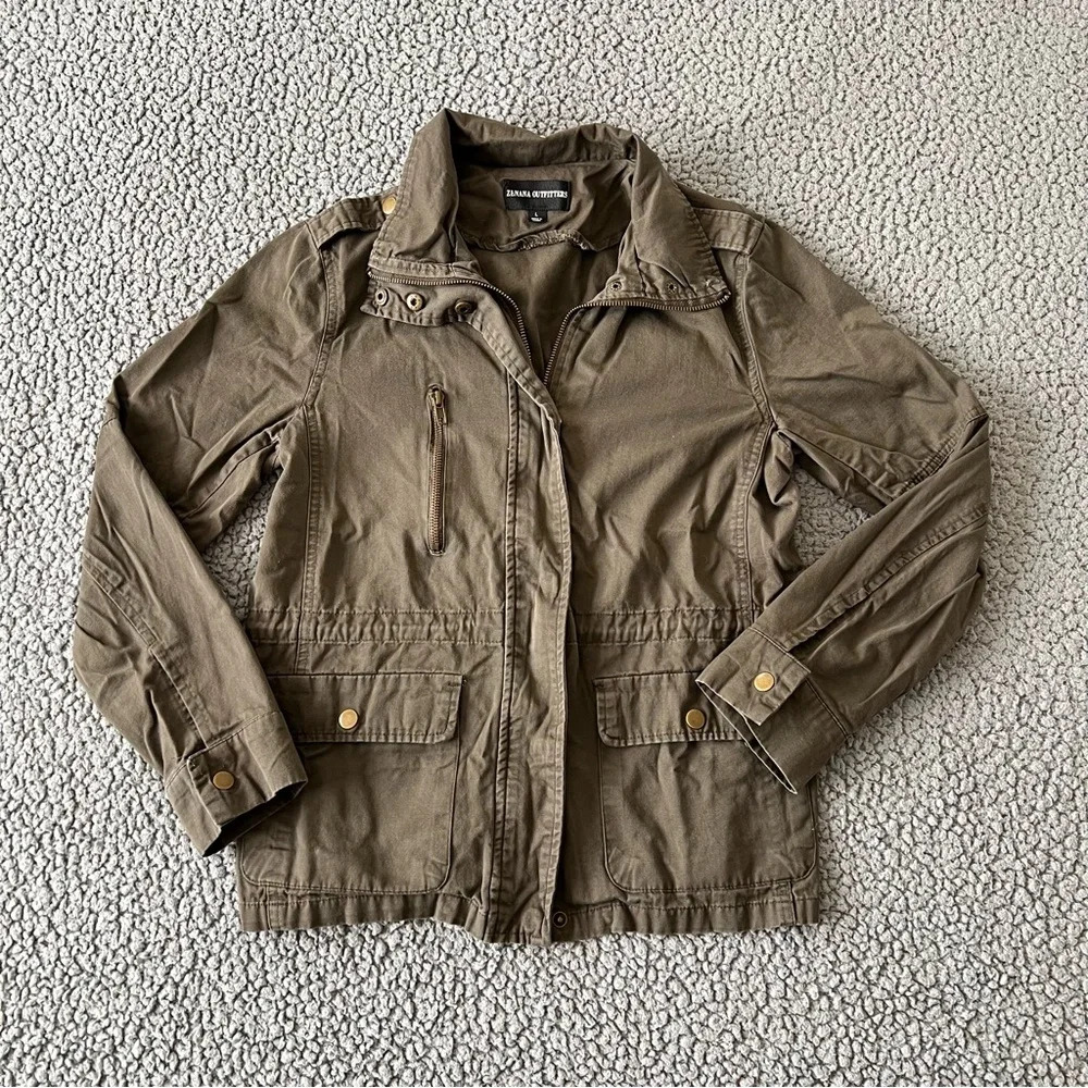 Zenana Outfitters Womens Cotton Army Military Green Zip & Snap Utility Jacket L